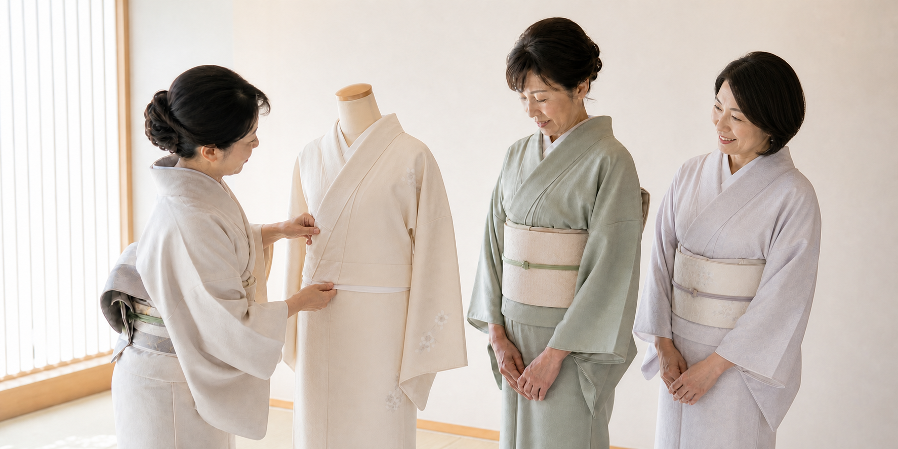 講師が着付けボディーへの着せ付けを実演し、受講生が学ぶ高等師範科の授業